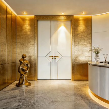 Luxurious interior with gold walls, marble floor, and abstract sculpture.