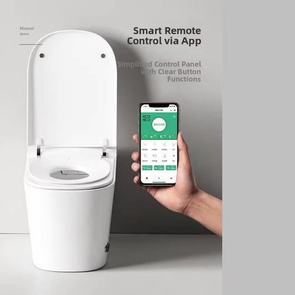 Smart toilet with a hand holding a smartphone displaying an app interface.