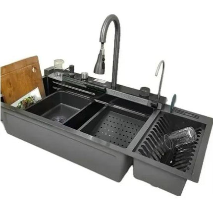 Gray kitchen sink with faucet and accessories on a white background