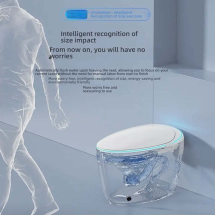 Smart toilet seat with text about intelligent recognition of size impact in a minimalistic setting.