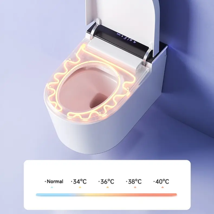 Smart toilet seat with digital display and temperature indicator on a purple background