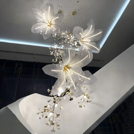 Decorative ceiling light fixture with floral design in a modern interior setting.