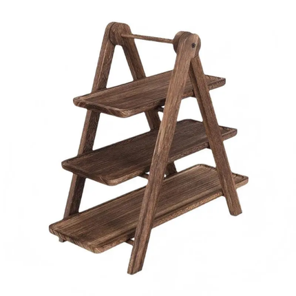 A rustic three-tier wooden shelf ladder with a weathered brown finish, shown on a plain white background.