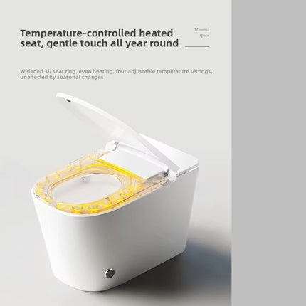 Temperature-controlled heated toilet seat on a gray background with text describing its features.