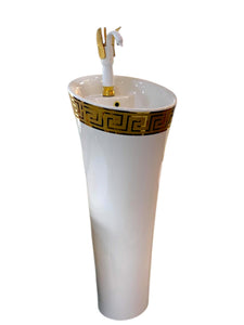 Elegant White and Gold Versace Stand Alone Pedestal Basin