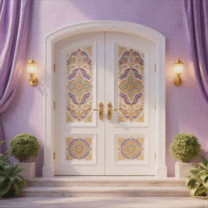 Decorative white door with floral patterns on a purple wall with gold sconces and green plants.