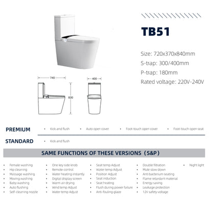 White toilet with technical specifications and features on a white background