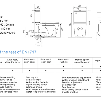 Technical specifications and dimensions of a smart toilet model T5.