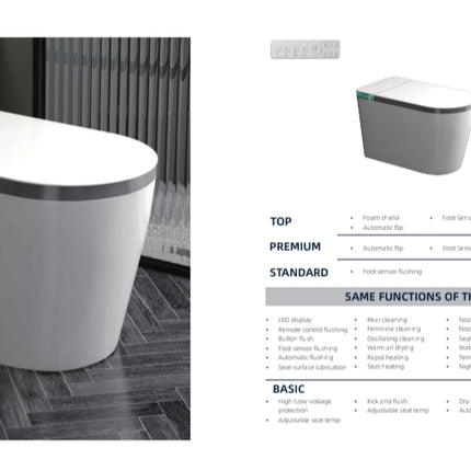 White oval sink with gray accents on a tiled floor, accompanied by product details on a white background.