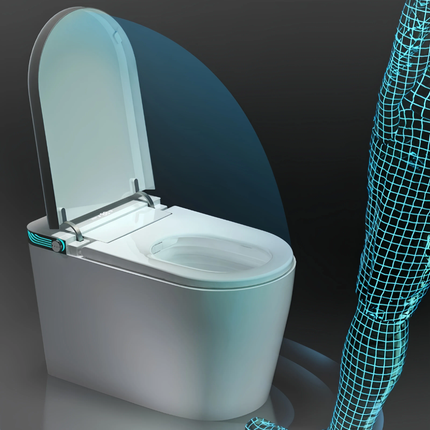 Modern toilet with open lid on a dark background