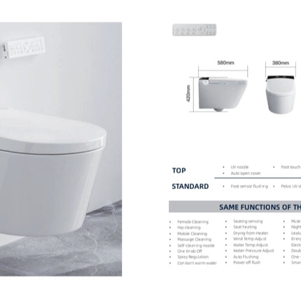 White toilet with specifications on a gray background