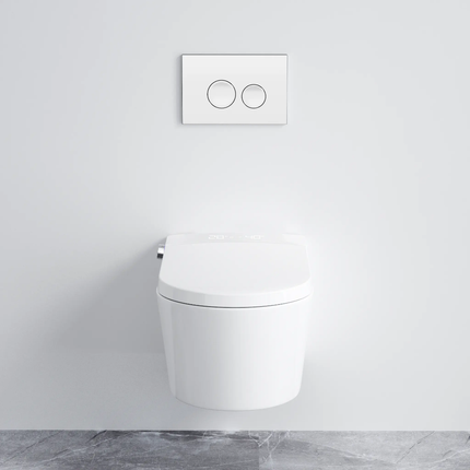 White wall-mounted toilet with a flush control panel on a light gray wall.