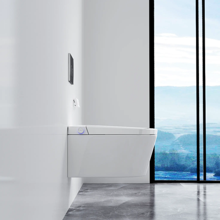 Modern white toilet in a bathroom with large windows showing a scenic view.