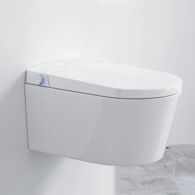 White wall-mounted toilet with a visible brand logo on a light gray background