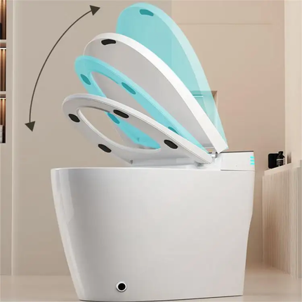 White toilet with a turquoise seat in a bathroom setting