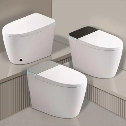 Three white toilets with different designs on a neutral background