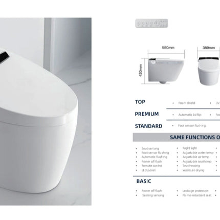 Modern toilet with specifications on a white background