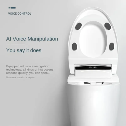 White electronic toilet seat with voice control technology on a gray background