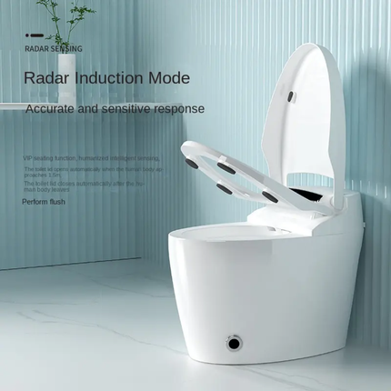 Modern toilet with open lid in a bathroom setting, featuring radar induction mode text.