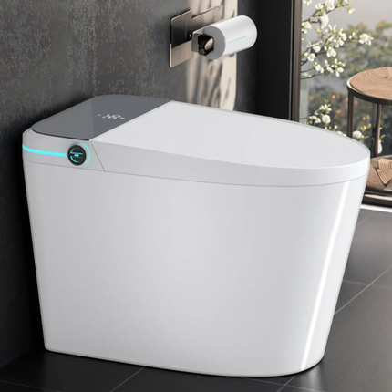 Modern white toilet bowl with digital display in a bathroom setting
