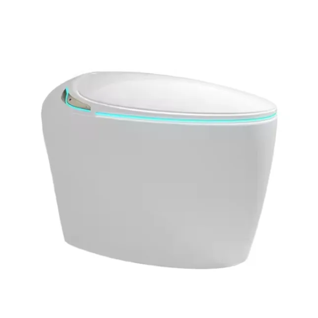 White electronic device with a glowing blue line on a white background