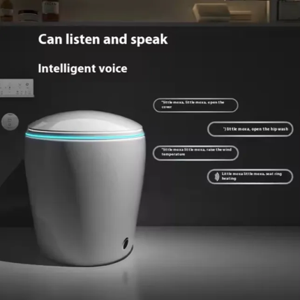 Silver cylindrical device with text indicating intelligent voice capabilities on a dark background