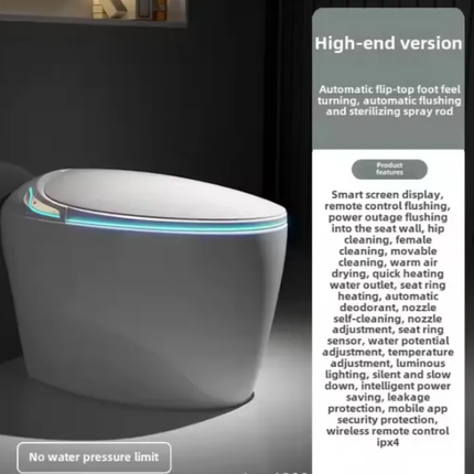 High-end bidet with features listed on the right side