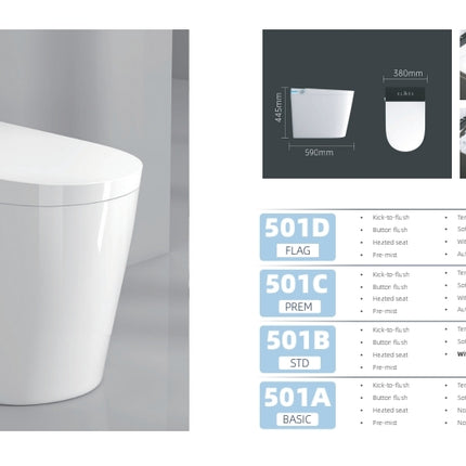 White toilet with specifications and features displayed on a gray background