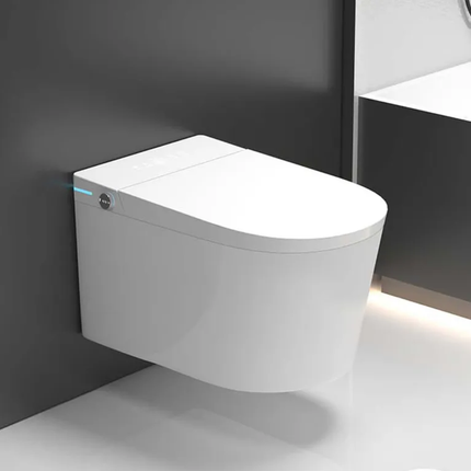Modern white toilet against a dark wall in a bathroom setting