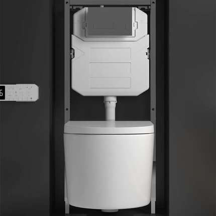 White toilet with cistern against a dark wall
