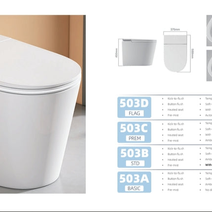 White toilet with additional components on a gray surface, against a beige wall.