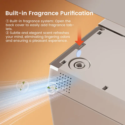 Product with built-in fragrance purification system on an orange background