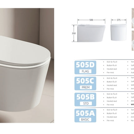 White wall-mounted toilet cistern with specifications on a light gray background