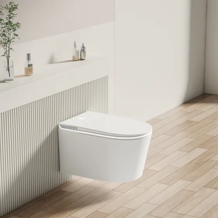 White wall-mounted toilet in a modern bathroom with wooden flooring and minimal decor.
