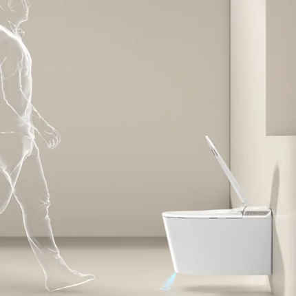 Robotic vacuum cleaner cleaning a floor with a person's outline in the background
