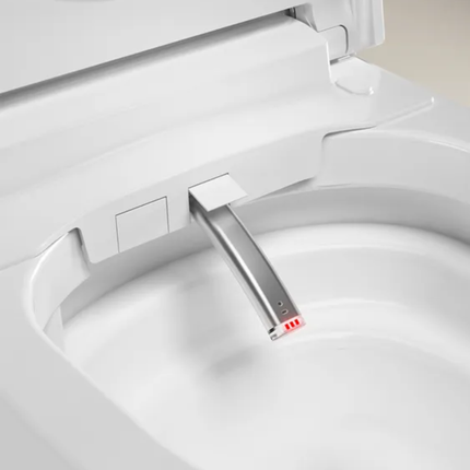 Close-up of a modern toilet seat with a visible brand logo.