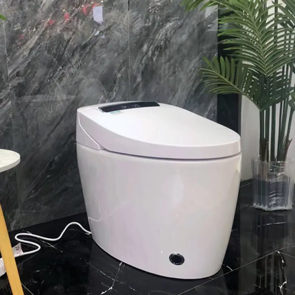 White toilet bowl in a bathroom setting with marble wall and plant