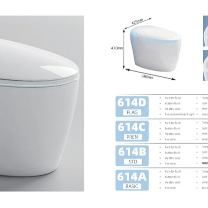 White electronic toilet seat with specifications on a gray background