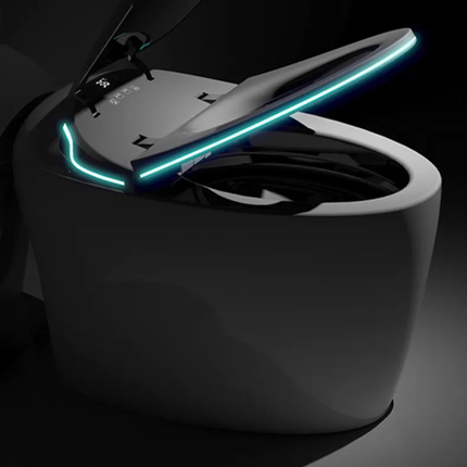 Modern toilet with glowing blue light on a dark background