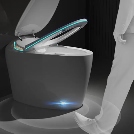 Modern toilet with glowing elements on a dark background