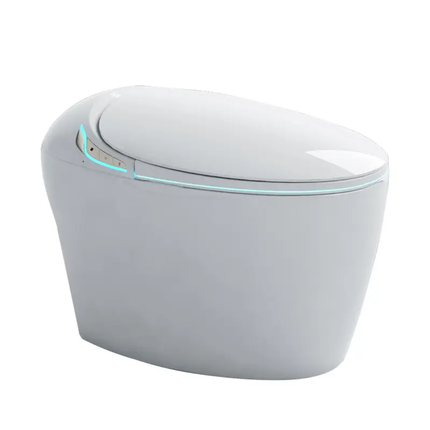 White smart toilet bowl with lid on a white background