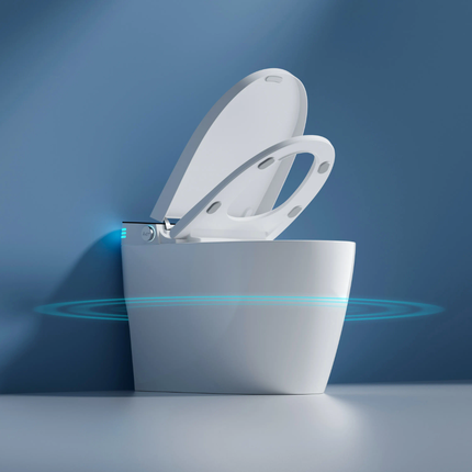Modern white toilet with open lid on a blue background