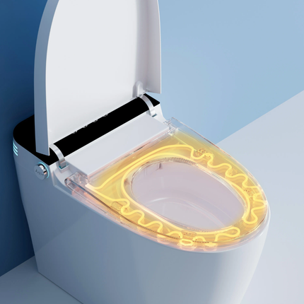 Toilet seat with glowing yellow light on a blue background