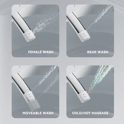Shower head with different water spray patterns on a gray background