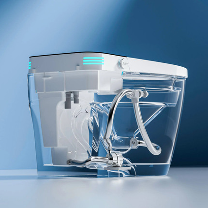 Clear water filter with visible internal components on a blue background