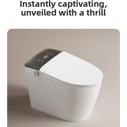 Modern white toilet with digital display on a beige background