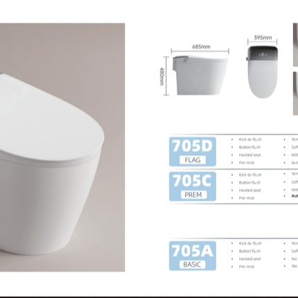 Modern toilet with specifications on a gray background