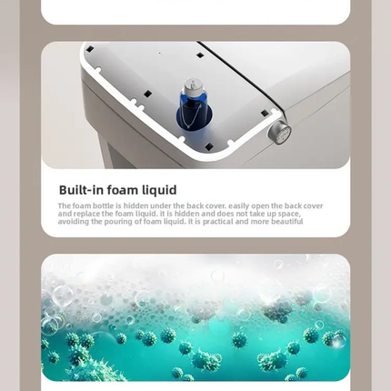 Product features with text on a gray background