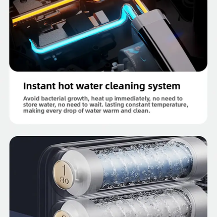 Hot water cleaning system with filtration features on a white background