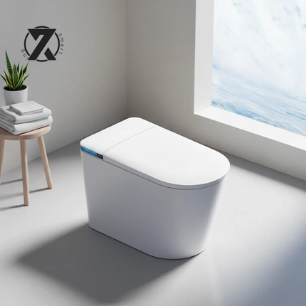 Modern white toilet in a bathroom with a window and plant